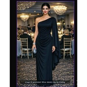 Club L London Black One‑Shoulder Ruched Maxi Gown Elegant Drama